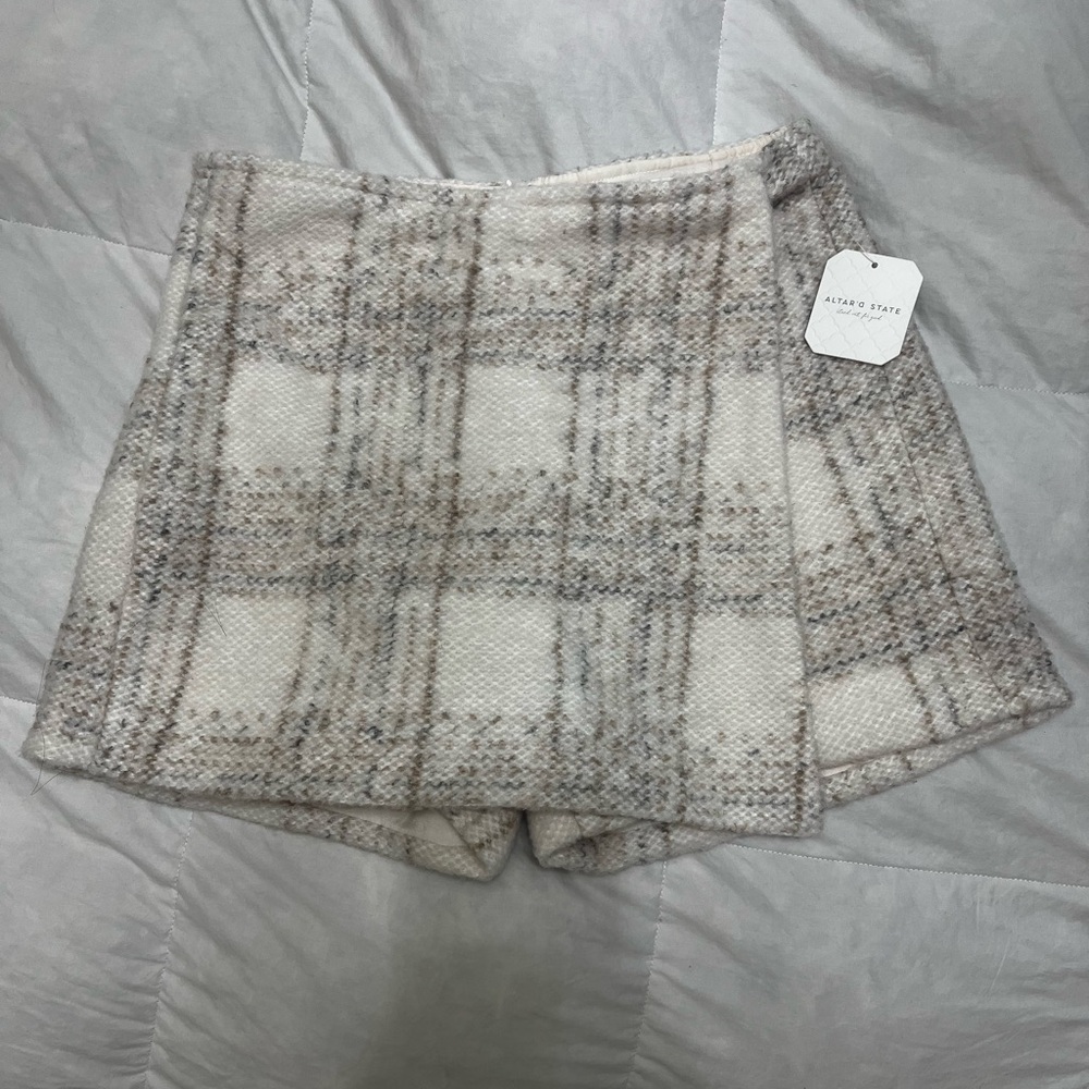 Altar'd State Cream and Brown Plaid Skort